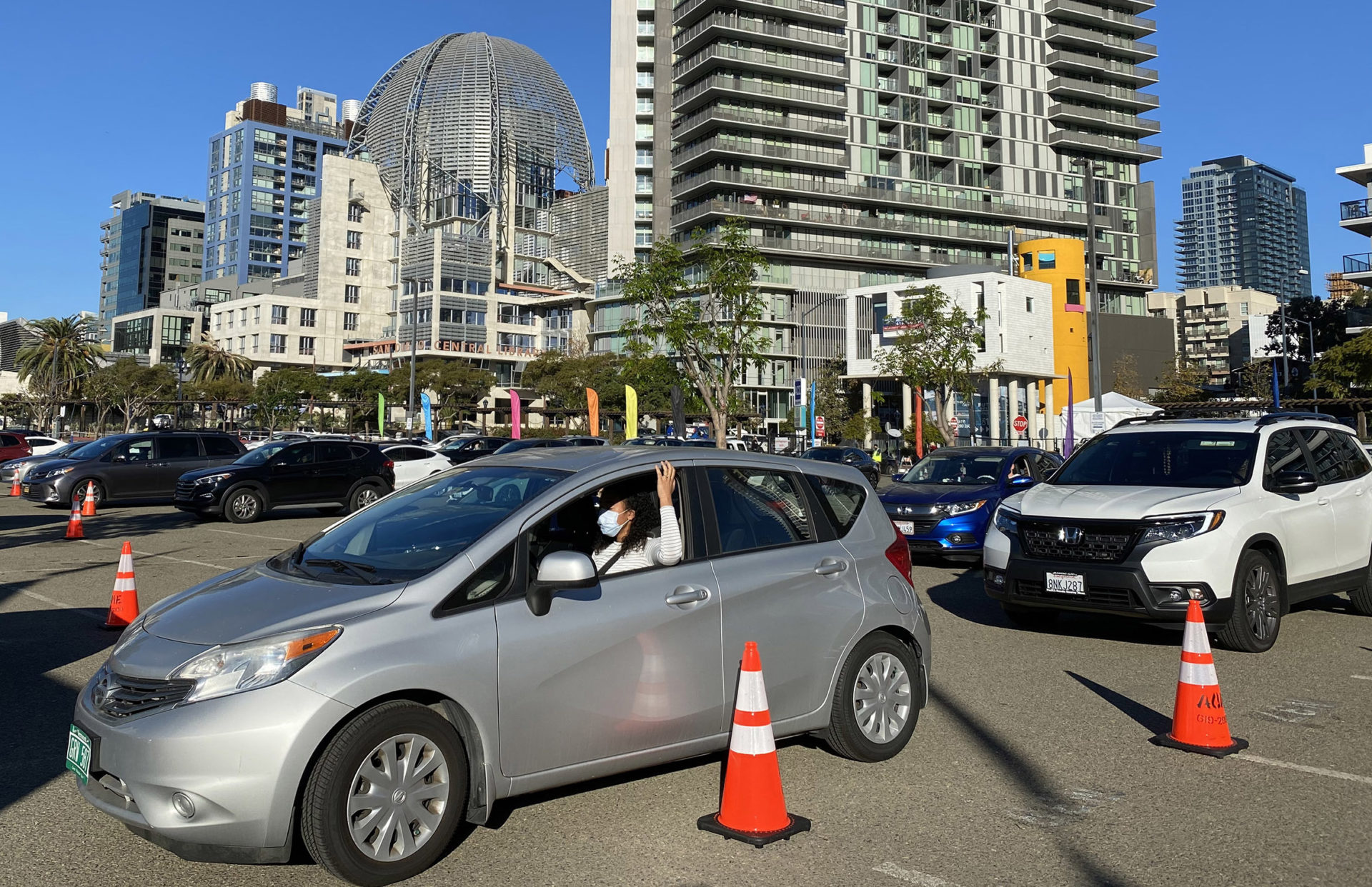 cars line up at vaccination event at Petco Park