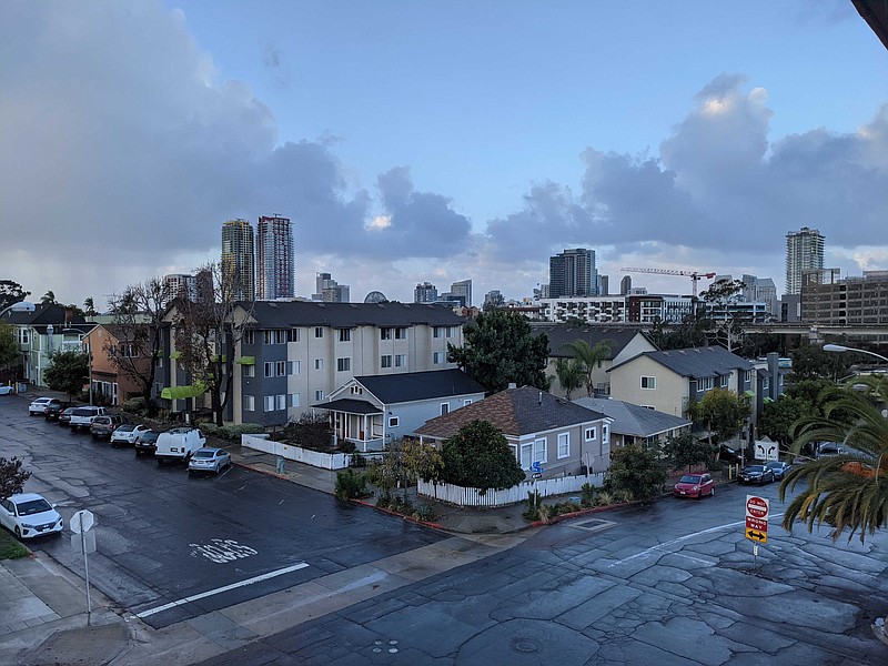Storm clouds are pictured over downtown San Diego, Jan. 25, 2021. 